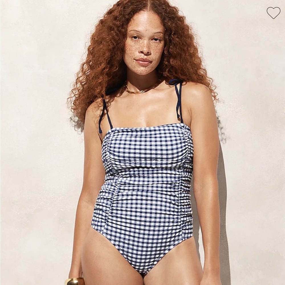 NEW J Crew Ruched Blue Gingham Tie Shoulder Swimsuit 8